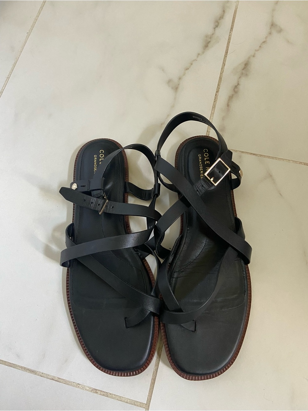 Cole Haan Black Leather Strappy Buckle Sandals